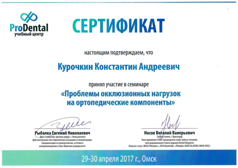 Курочкин Константин Андреевич - сертификат