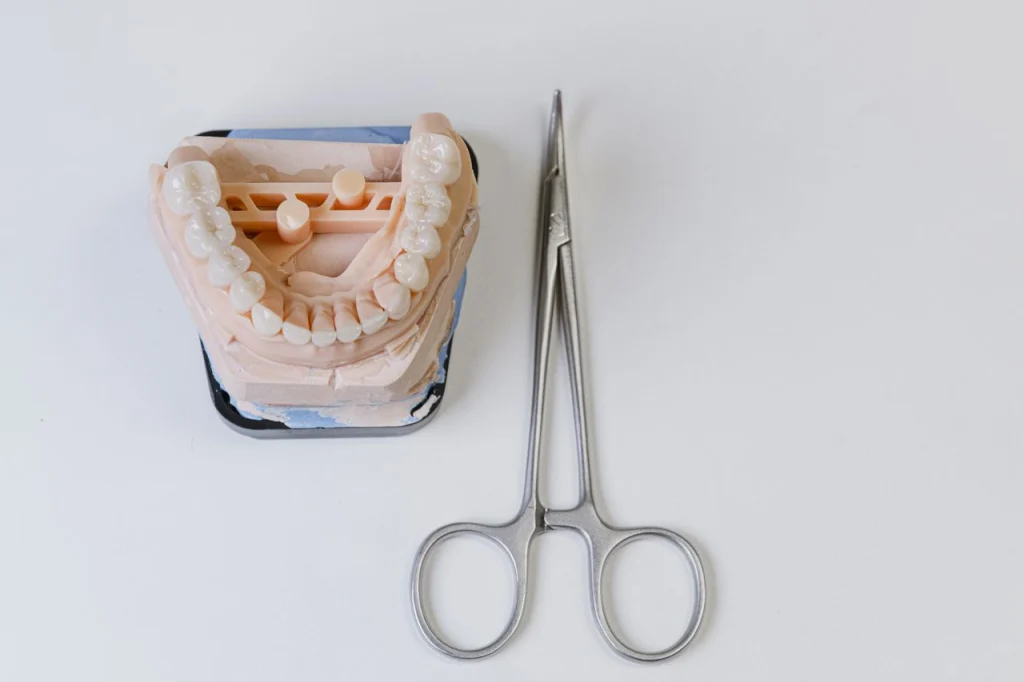 готовый зубной протез на модели челюсти